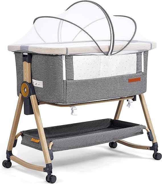 Maydolly Baby Bassinet & Bedside Sleeper, 3 in 1 Rocking Bassinet with Mattress & Sheet, Adjustable Height, Removable Breathable Cover, Easy Folding Infant Bassinet (Gray)