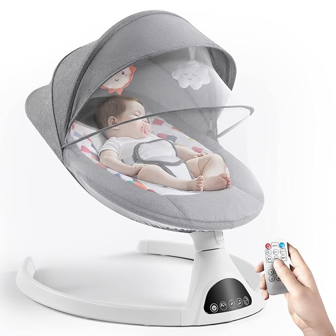 Jaoul Electric Portable Baby Swing for Infants, Newborn, Bluetooth Touch Screen/Remote Control Timing Function 5 Swing Speeds Aluminum Baby Rocker Chair with Music Speaker 5 Point Harness Gray