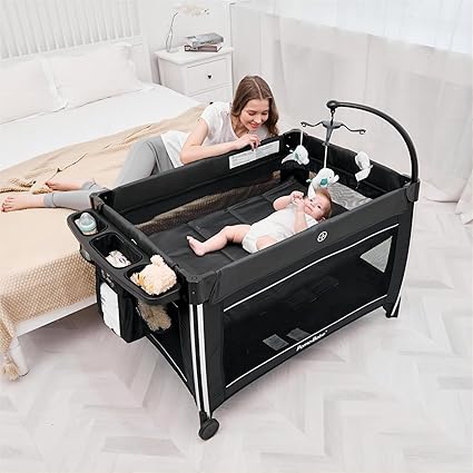 Pamo Babe Playard Deluxe Nursery Center, Foldable Playpen for Baby & Toddler, Bassinet, Mattress, Changing Table for Newborn (Grey) - Image 3