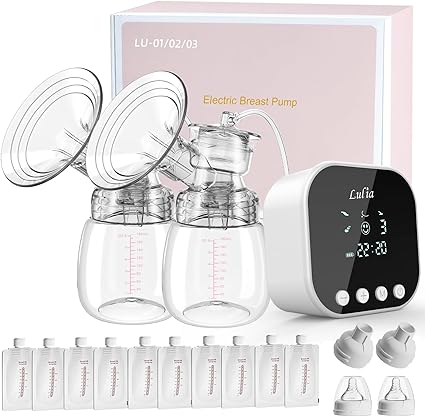 Lulia Double Electric Breast Pump Strong Suction, Portable Breast Pump Electric Breastfeeding Pump, Rechargeable Milk Pump with 4 Modes & 9 Levels, Low Noise, Anti-Backflow & LED Display, 24mm Flange
