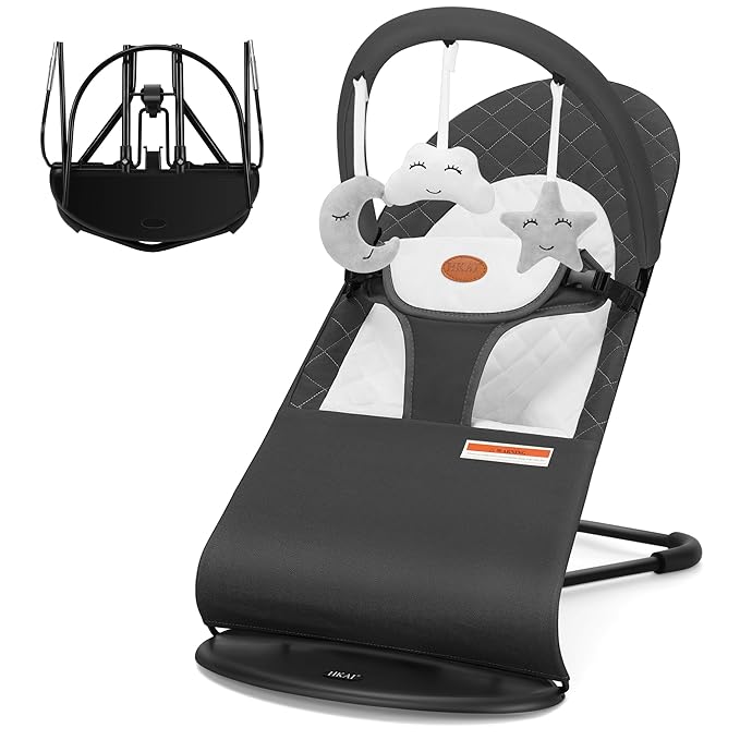 HKAI Baby Bouncer, Portable Baby Bouncer Seat for Babies 0-18 Months, 100% Cotton Fabrics, 3 Modes of use with Rocker and Stationary Options, Infant Rocker Chair with Hanging Toys-Light Grey