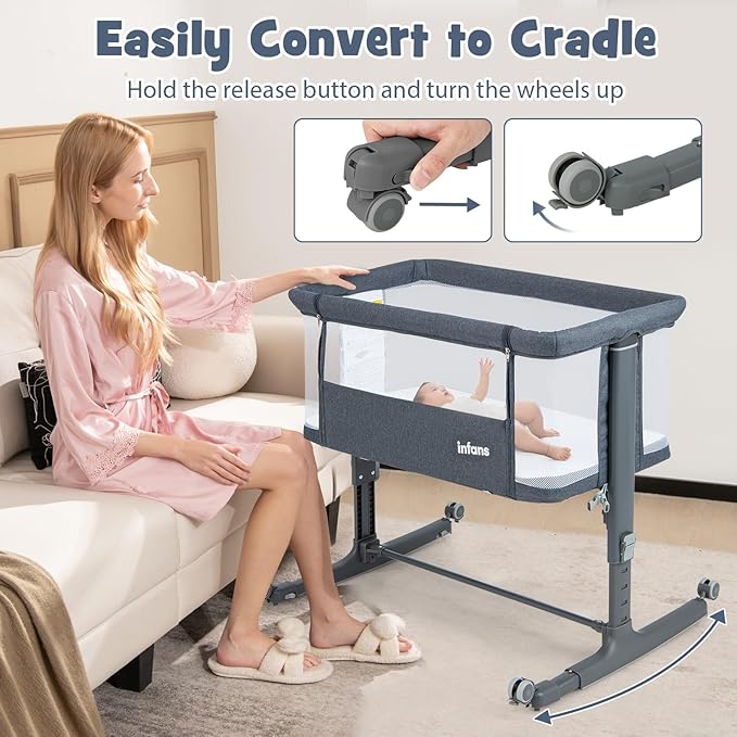 INFANS 3 in 1 Baby Bassinet, Bedside Sleeper for Newborn, Folding Crib with Mattress, Travel Bag, Wheels, 4-Sided Mesh, Easy to Assemble Cradle Co Sleeper Stationary, Rock (Dark Grey) - Image 3