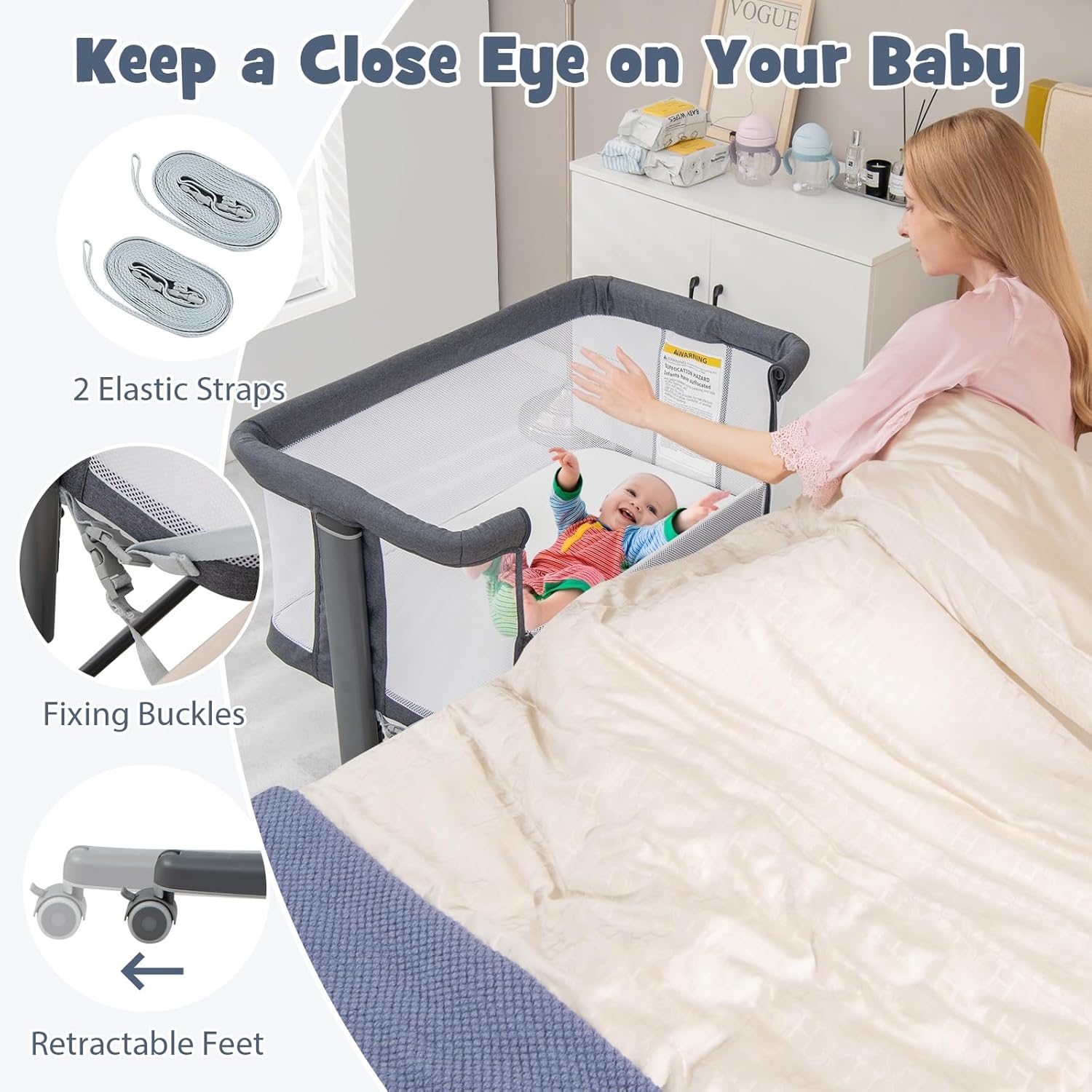 INFANS 3 in 1 Baby Bassinet, Bedside Sleeper for Newborn, Folding Crib with Mattress, Travel Bag, Wheels, 4-Sided Mesh, Easy to Assemble Cradle Co Sleeper Stationary, Rock (Dark Grey) - Image 2
