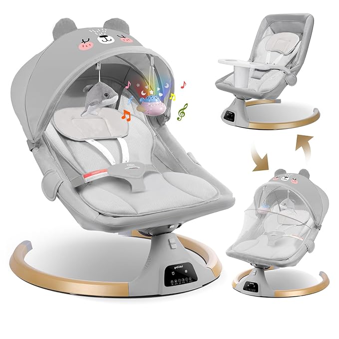 Baby Swing for Newborn,Electric Infant Swing Remote Control Baby Rocker with Detachable Dinner Plate,4 Natural Sway Ranges,4 Seat Angles,Bluetooth Support Heavy Duty Base Baby Swings for 0-24 Month