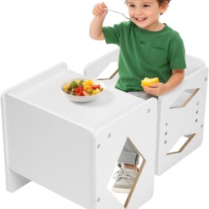 VEVOR Montessori Weaning Table and Chair Set, Wooden Toddler Table and Chair Set for Aged 1-5, Adjustable Height Kids Montessori Chair and Activity Table, Ideal for Reading, Eating, Playing - White