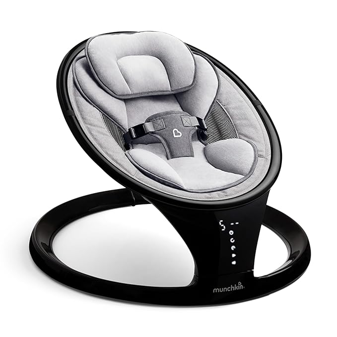 Munchkin Electric Baby Swing, Portable and Lightweight, Bluetooth Enabled Infant Rocker with Natural Sway in 5 Ranges of Motion, Newborn Nursery Essentials, Black/Grey