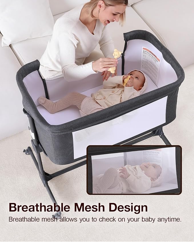 Larex Baby Bassinet, 3 in 1 Bassinets Bedside Sleeper Crib Sleeper for Newborn, Portable Crib Adjustable 7 Height Bedside Bassinet with Mattress and Movable Wheels,Breathable Mattress&Mesh - Image 3