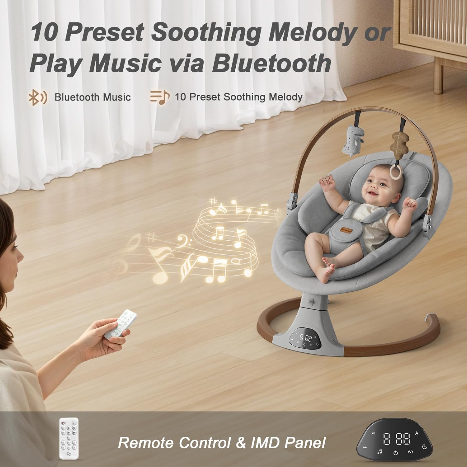 Baby Swings for Infants, Monamii Baby Swing, Bluetooth Infant Swing with Music Speaker, 5 Speeds and Remote Control, Indoor & Outdoor Use - Image 3